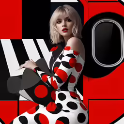 a woman in a polka dotted dress sitting by an air conditioner