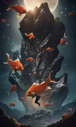 a mountain with lots of small orange fish