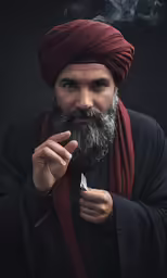 the bearded man smokes a cigarette on a black background