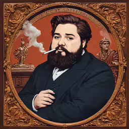 the man with the beard is smoking a pipe,a painting of a man with a beard with his hands crossed in a suit and smoke coming out from a pipe