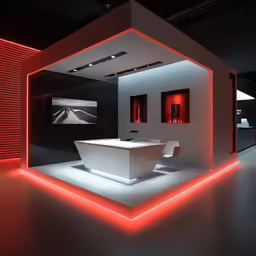 a room with several sinks and neon lighting