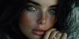 a close up view of a woman with her finger on her face,a woman with blue eyes and a white shirt on