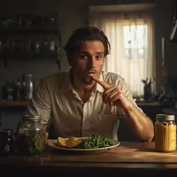 the man is sitting at the table eating a piece of bread
