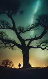 silhouette under a large tree on a hill