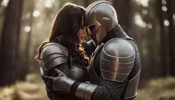 a couple dressed as the knight and female knight embracing in the forest