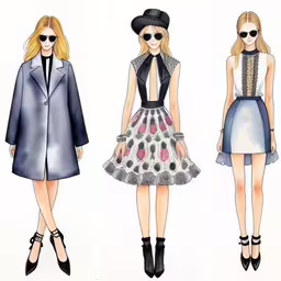 two fashion illustrations of models wearing sunglasses, one in blue and one in white