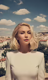 a woman in a white dress stands with her hands on her hips looking at the camera