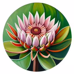 flower in center of circular painting, white background,painting on the back of a plate showing an elegant flower