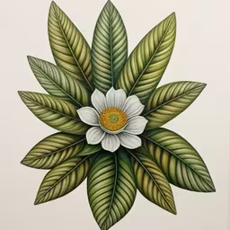 a white flower surrounded by green leaves,a painting of green leaves and a flower