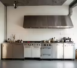 an industrial kitchen with all white appliances and lots of cabinets