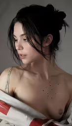 a woman in an unmade topless clothing is shown with the back of her head