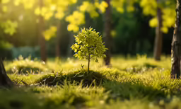 a small yellow tree stands between two larger trees