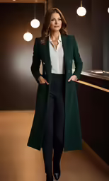 a woman is wearing black pants and a green coat