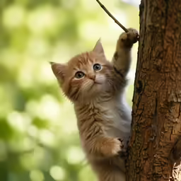 kitten climbing up the side of a tree,