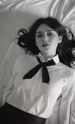 black and white photo of a woman laying on a bed