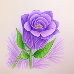 a drawing of a purple flower with green leaves,purple flower on white background with green leaves,a drawing of a purple flower with leaves,a flower with a green stem and a purple rose,a purple flower with green leaves sitting on a white surface