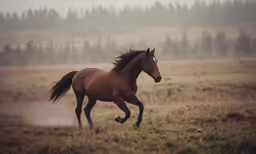 a horse running through a field in a field