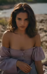 a woman sitting on a rock and wearing a dress