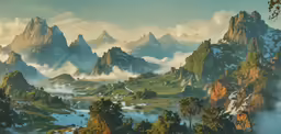 mountain landscape is depicted with fog and low lying clouds