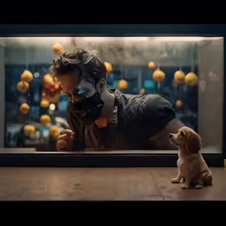 a man with a mask and goggles playing with a puppy