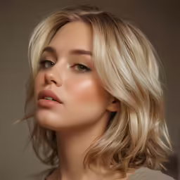 a blonde woman with a medium shoulder length bob haircut and smoky eyes
