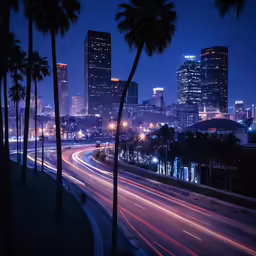 the city is lit up by night and traffic