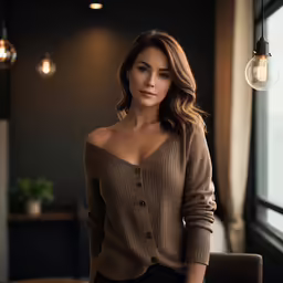 the woman is posing in her office wearing a sweater