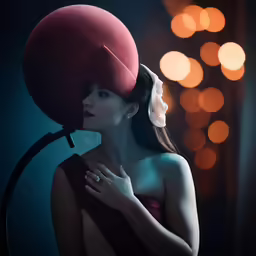 a woman wearing a red hat and holding onto a giant red object