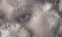 the face of a child is covered in snow