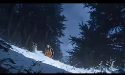 a woman sitting on a snowy hill during night