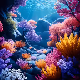 the colorful underwater scene shows many different types of plants and shrubs