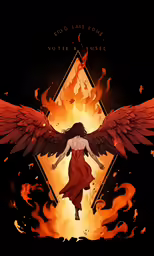 an orange and black illustration of a woman in flame