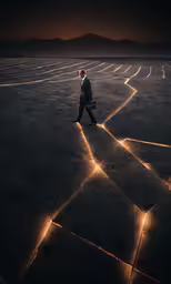 a man walking through an empty open field