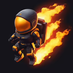an animated figure in front of fire and black background