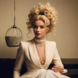 woman in formal clothing sitting on couch near hanging birdcage