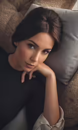 a beautiful woman laying down on top of a brown couch