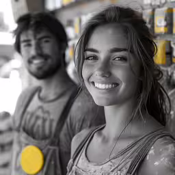 a couple wearing yellow circles standing near each other,the young couple smile while standing next to each other