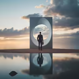 man in suit and tie standing next to large sculpture with water