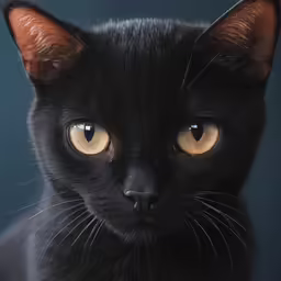 a black cat with yellow eyes and a black background