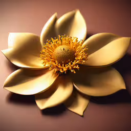 a flower with a gold center sitting on a table,a golden flower on a maroon and white background