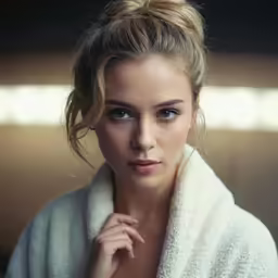 young woman with towel wrapped around neck in bathroom