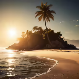 the sun is setting over some small islands on a beach