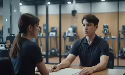 a person with a black shirt sitting at a table next to another person