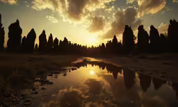 sunset reflecting off a body of water at an arid area