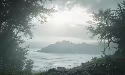 view of sea through trees during day