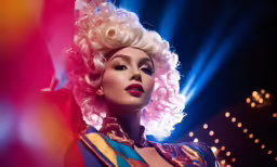 a woman wearing bright pink and yellow wigs