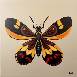 a very colorful butterfly painting on a white wall,a painting of a butterfly sitting on top of a piece of art