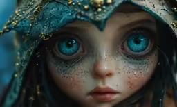 a close up image of the face and shoulders of a doll