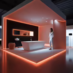 woman in room with lights around and bathtub