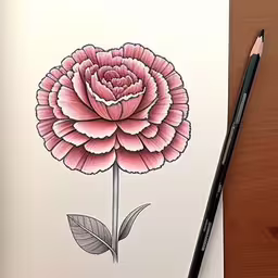 drawing flower with pencils on paper and wooden table,a sketch of a single pink rose with a leaf